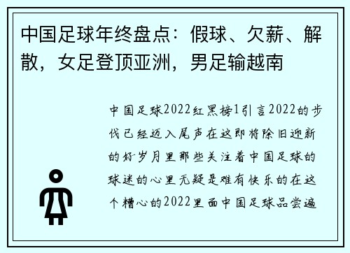 中国足球年终盘点：假球、欠薪、解散，女足登顶亚洲，男足输越南